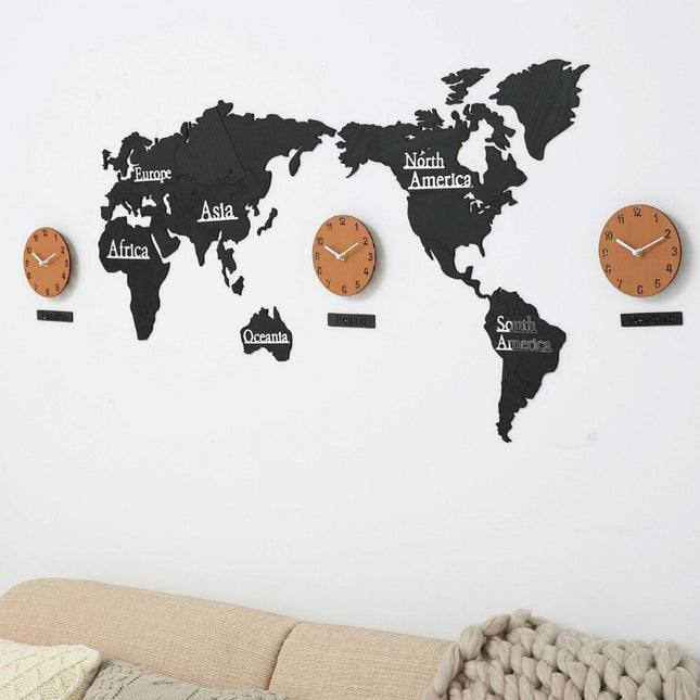 Reloj de pared mapamundi con husos horarios