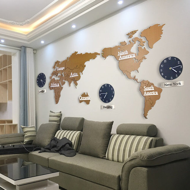 Reloj de pared mapamundi con husos horarios
