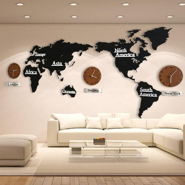 Reloj de pared mapamundi con husos horarios