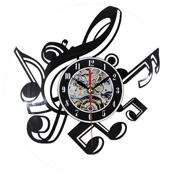 Reloj de vinilo con notas musicales