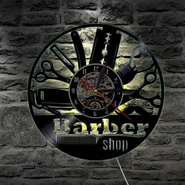 Reloj de pared LED para barbería vinilo