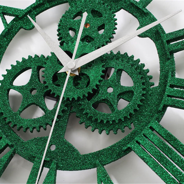 Reloj industrial verde con engranajes visibles