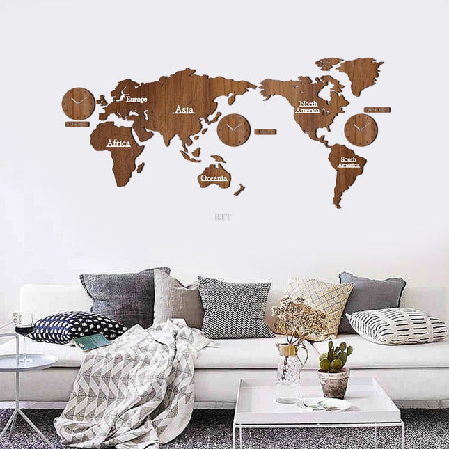 Reloj de pared mapa del mundo madera