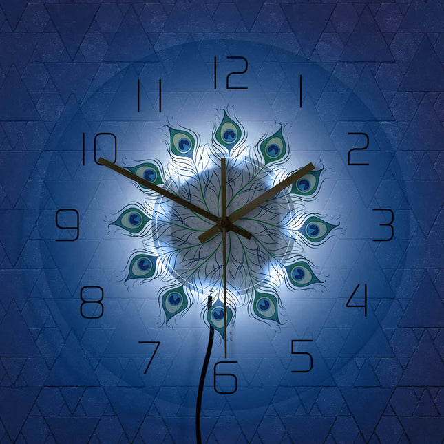 Reloj de pared LED plumas pavo real