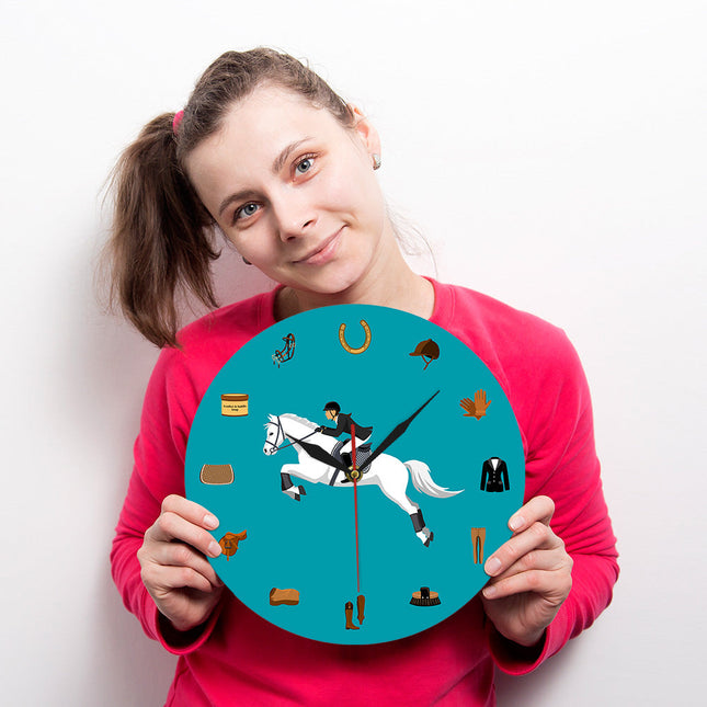 Reloj de pared azul tema hípica