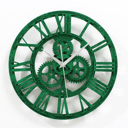 Reloj industrial verde con engranajes visibles