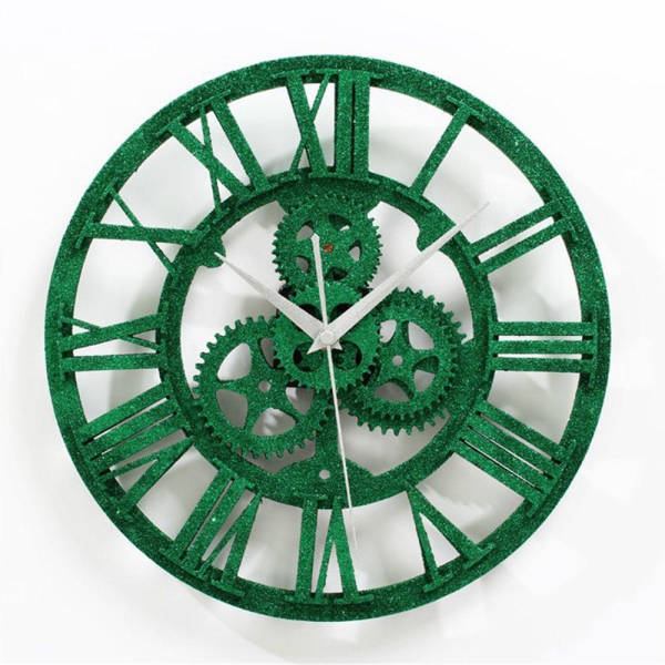 Reloj industrial verde con engranajes visibles