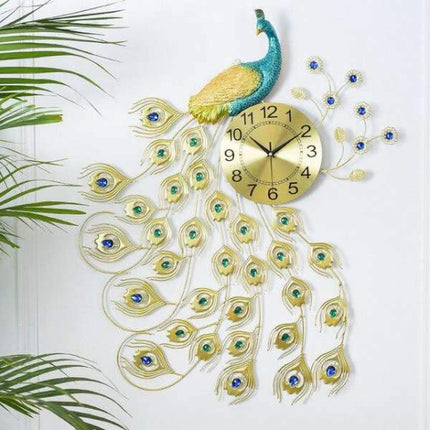 Reloj de pared pavo real dorado