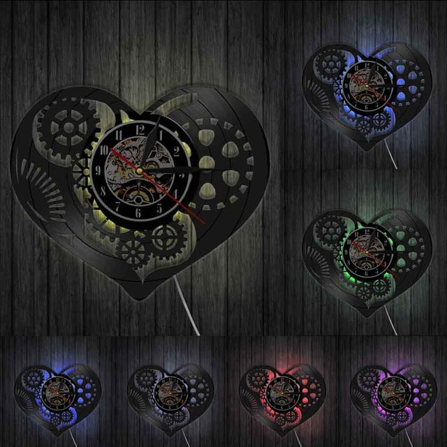 Reloj pared vinilo corazón estilo steampunk
